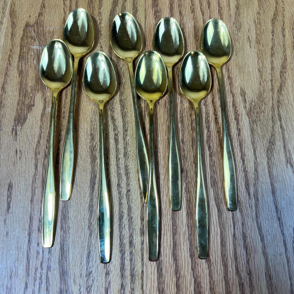 Vintage Rogers Cutlery Gold Tone Teaspoons Set of 8 Stainless USA Flatware - Picture 2 of 8